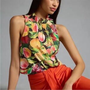 MAEVE Poplin Ruffle Neck Tank Top Floral Fruits Peach Apple Cherry Tropical